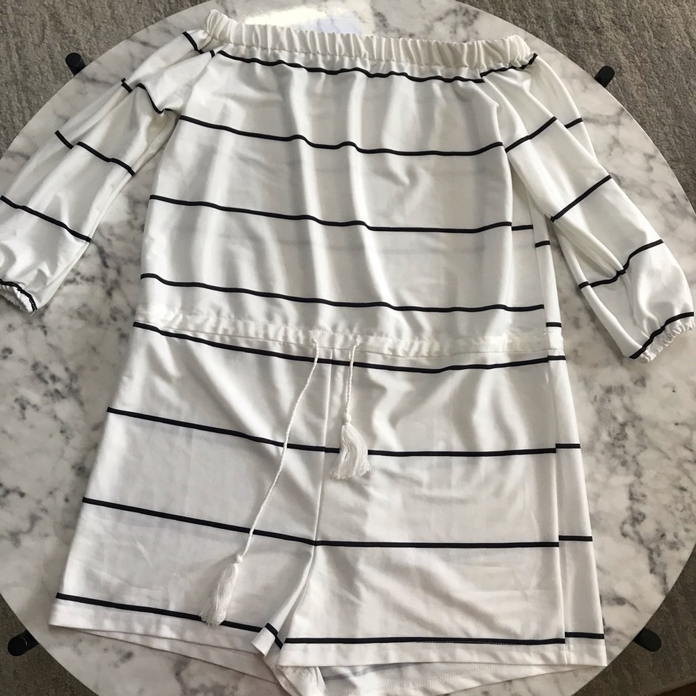 Striped Off-the-Shoulder Romper with Tassles